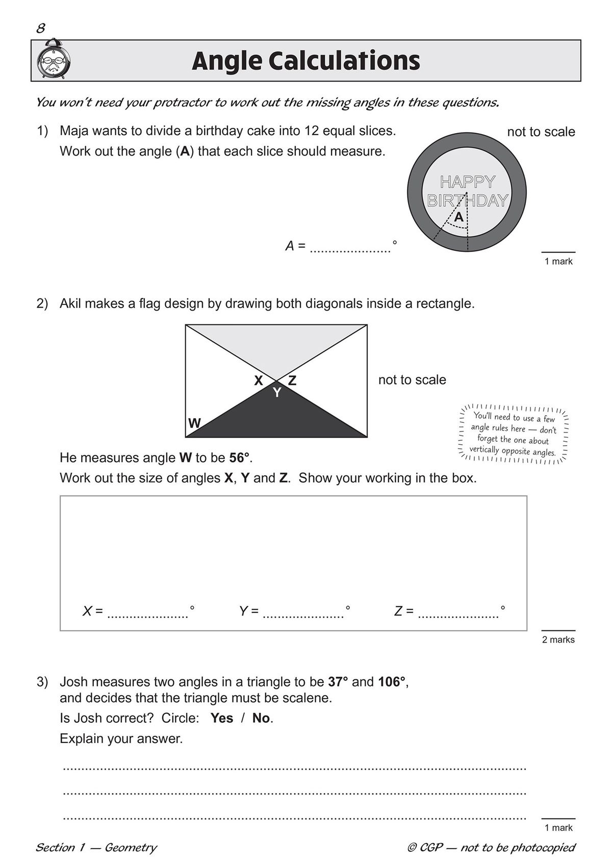 Sample page showing angle calculation questions with diagrams