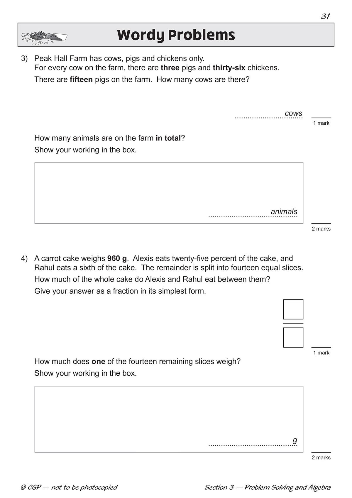 Complex algebra and problem-solving questions with space for working out