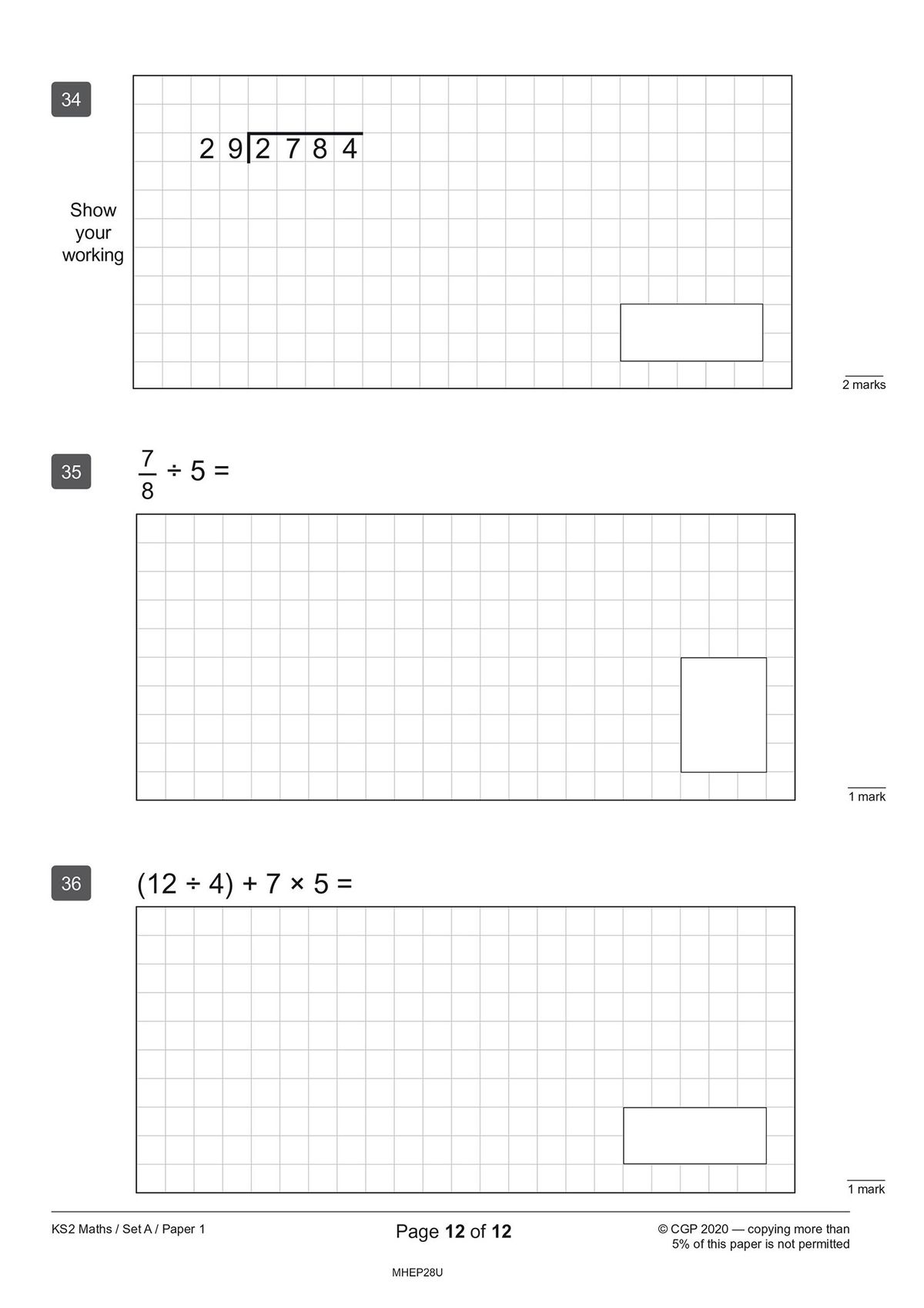 Sample page from KS2 Maths Reasoning paper showing long division and fraction questions with working space