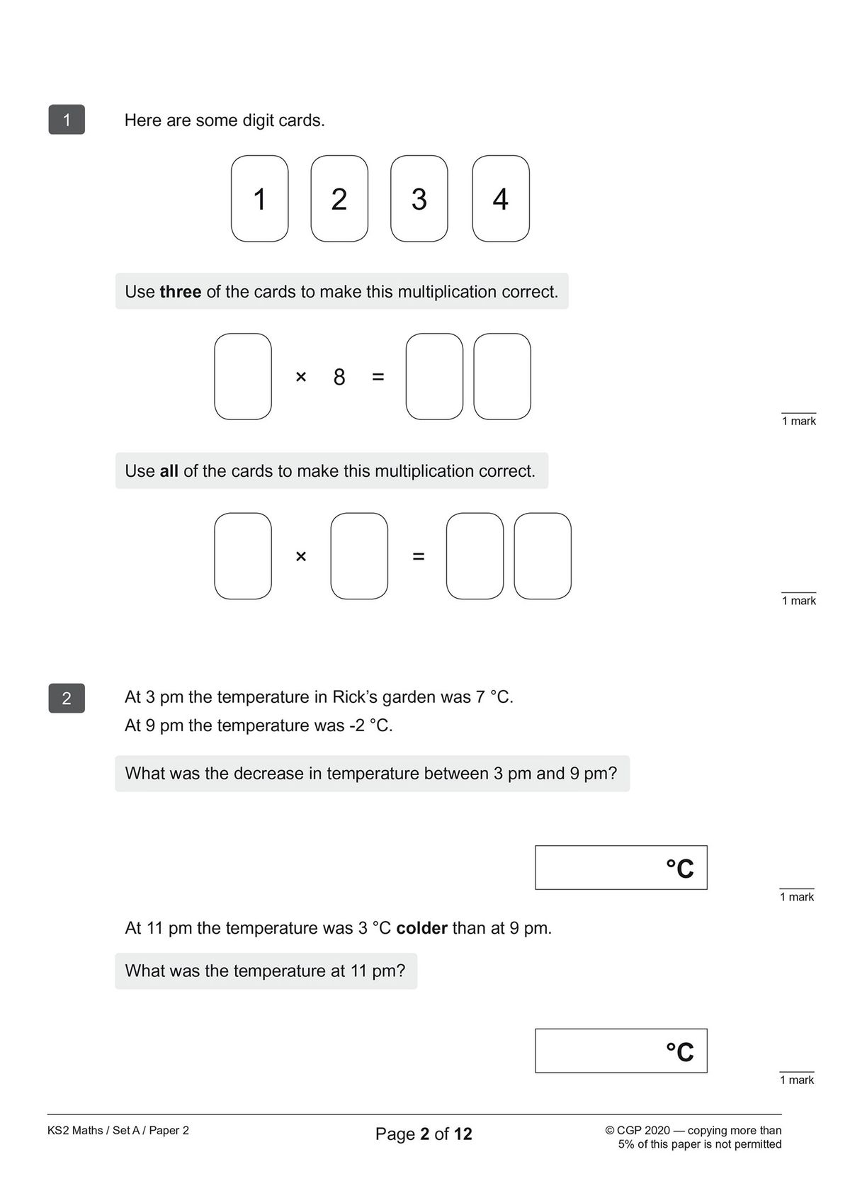 Sample page from a KS2 Maths reasoning paper showing multiplication questions with digit cards and temperature problems