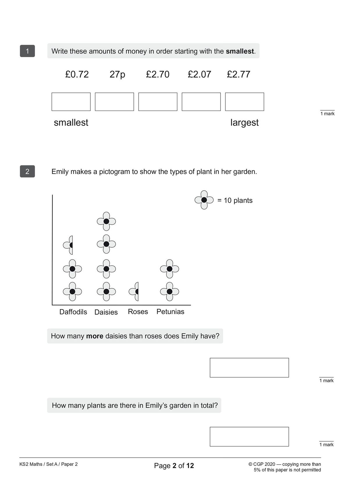 Sample page from KS2 Maths SATS practice paper featuring pictogram and money ordering questions