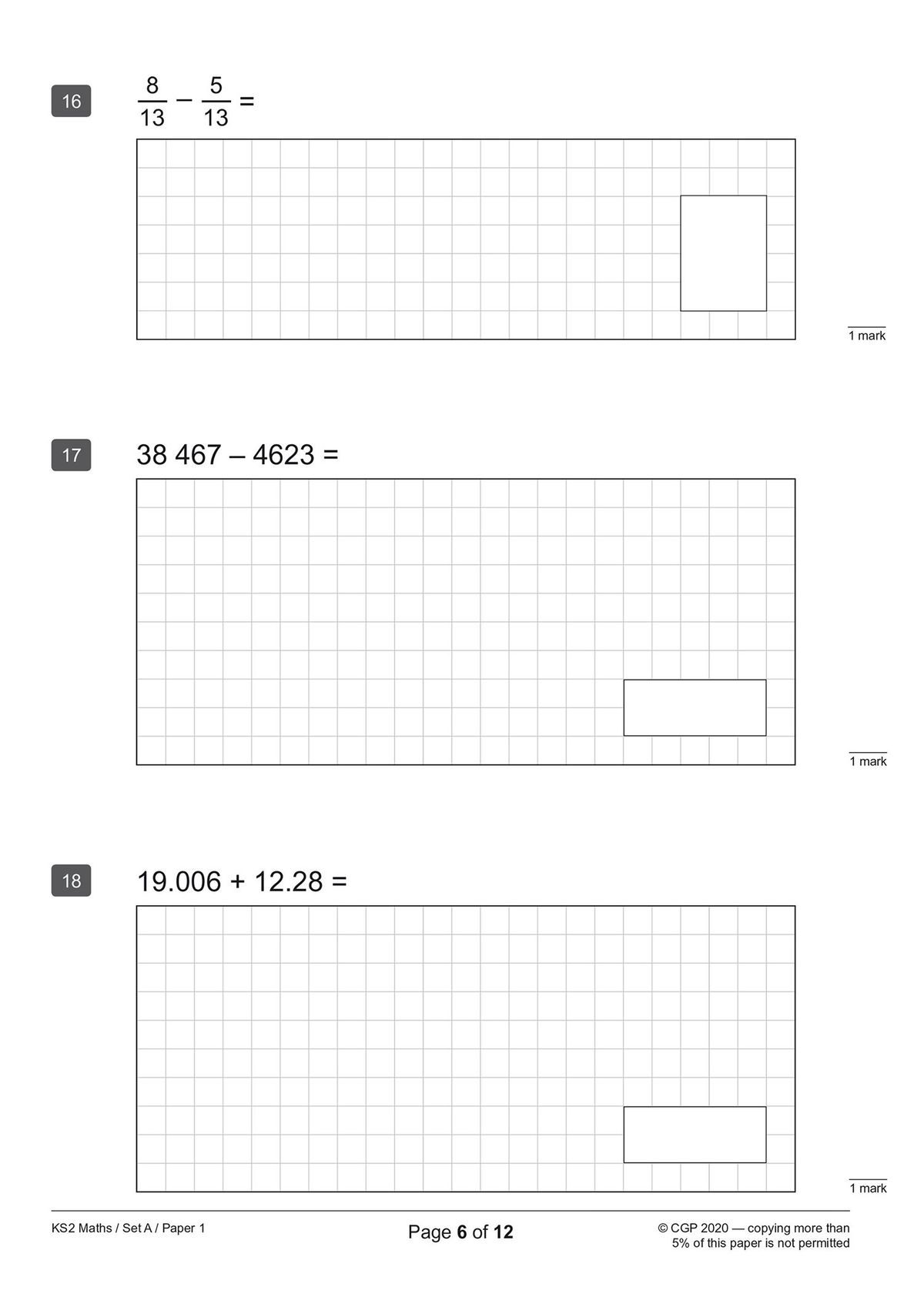Sample page from KS2 Maths SATS practice paper showing calculation questions with answer boxes