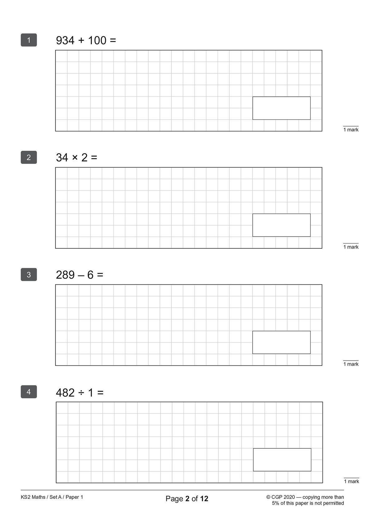 Sample questions from KS2 Maths paper showing arithmetic calculations with answer boxes