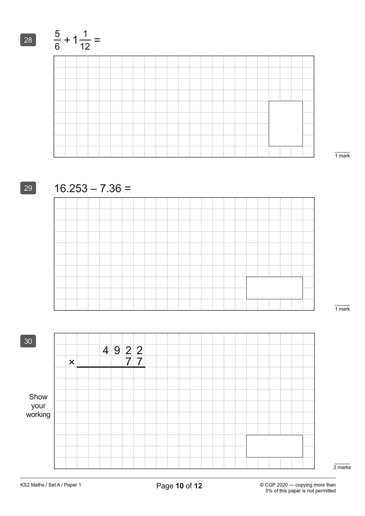 Sample pages showing KS2 Maths SATS practice questions including fractions, decimals and long multiplication
