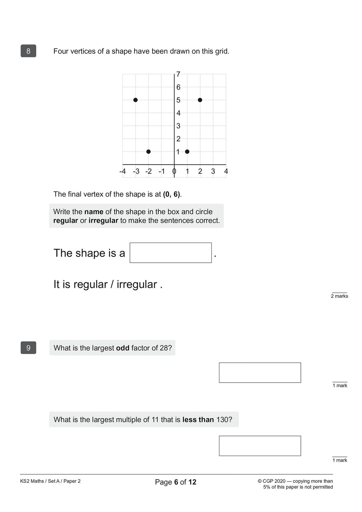 Sample pages showing geometry and factors questions from KS2 Maths SATS practice papers