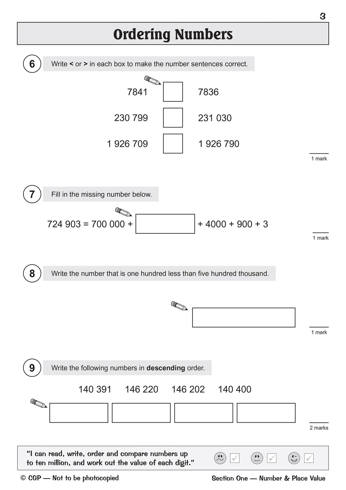 Sample page showing ordering numbers questions with space for answers