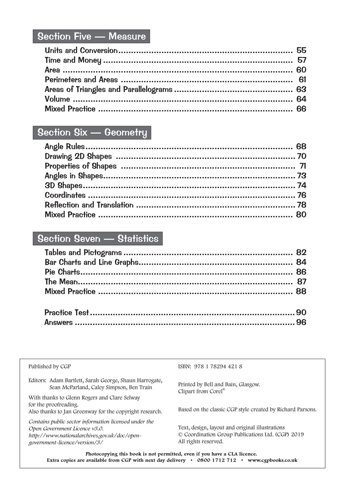 Contents page showing topics including ordering numbers, place value, and geometry