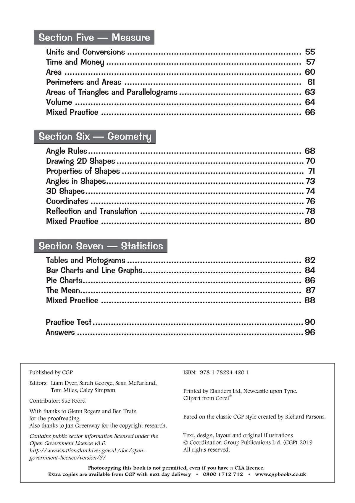 Contents page listing topics including measure, geometry and statistics sections