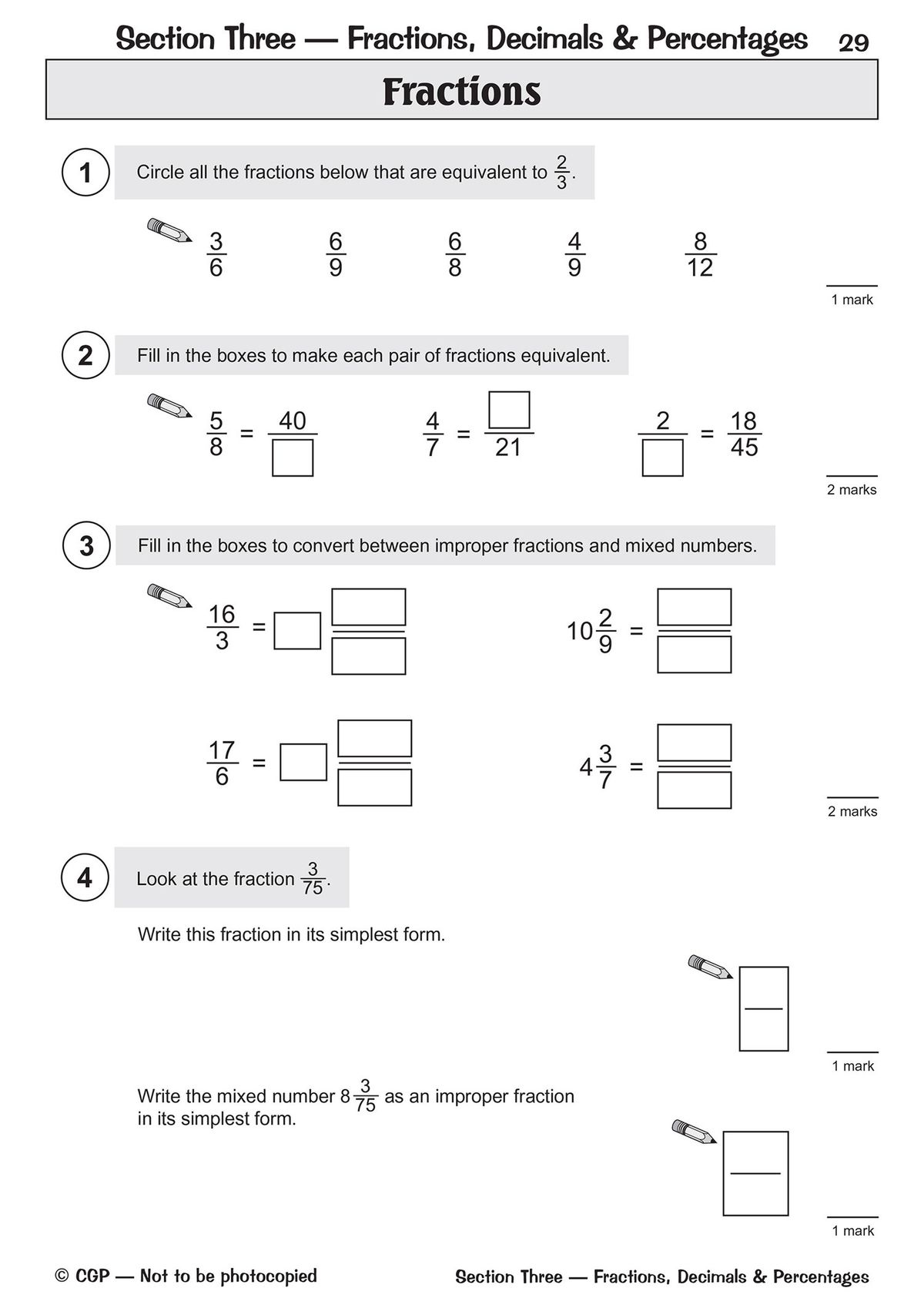 Sample page showing fractions questions including equivalent fractions and improper fractions