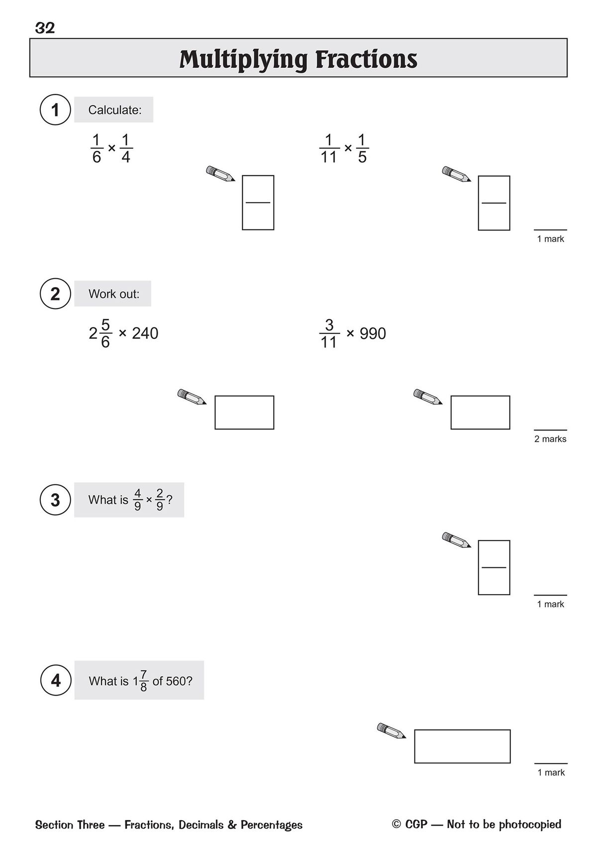 Multiplying fractions practice page from the CGP question book with exam-style problems