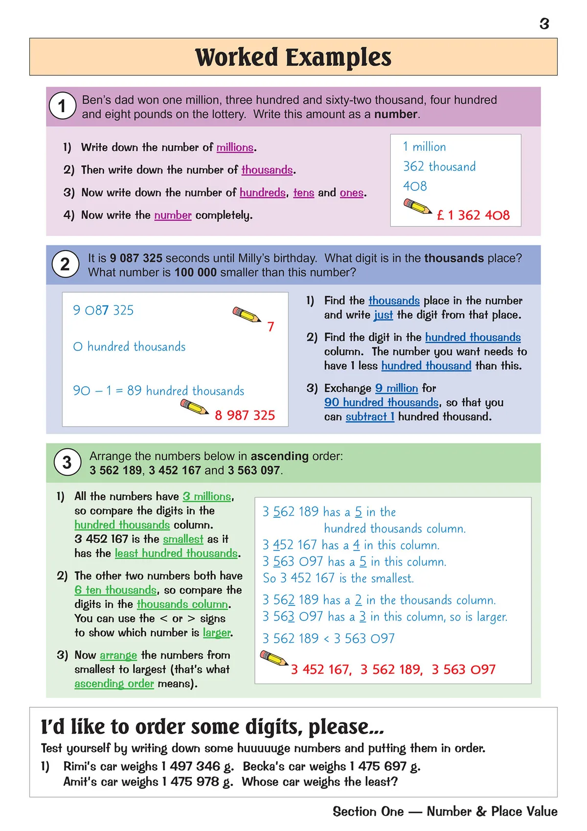 Worked examples page showing step-by-step solutions for number and place value problems