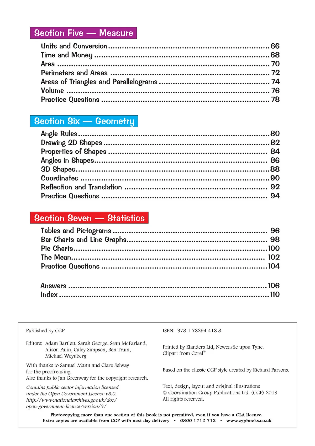 Contents page listing all sections including Measure, Geometry and Statistics