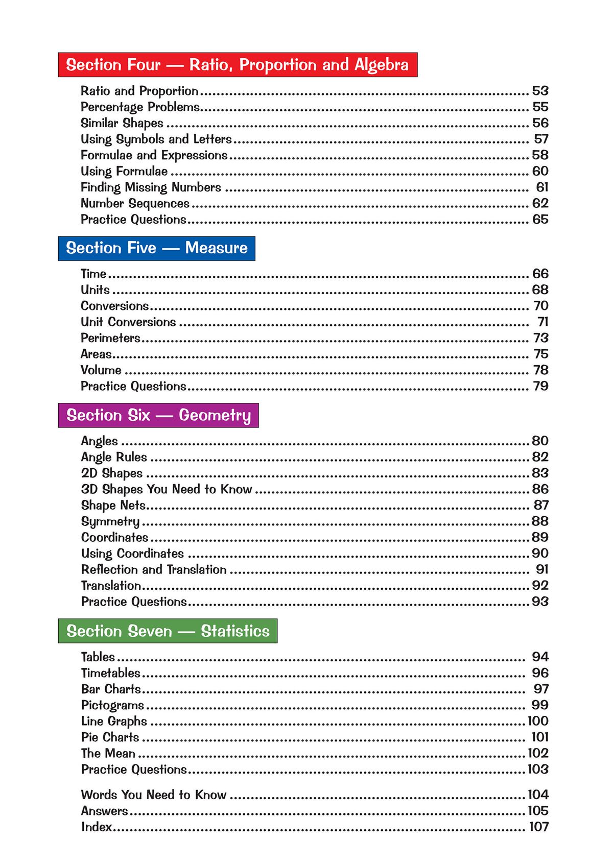 Contents page showing the seven main sections of the KS2 Maths Study Book