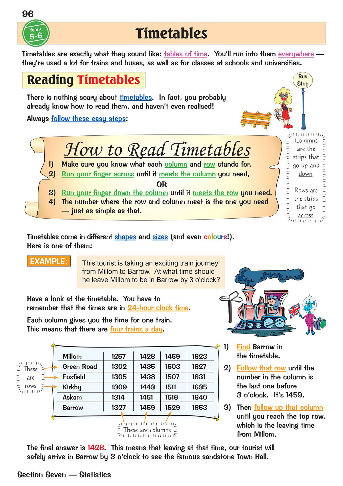 Sample page on reading timetables with worked examples and colourful illustrations