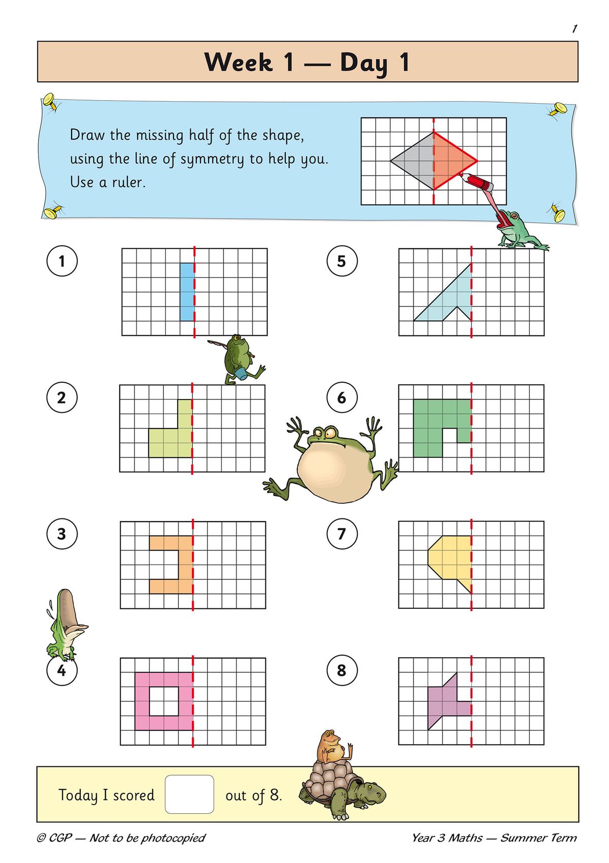Sample page showing symmetry exercises with grid-based shape activities and colourful frog characters