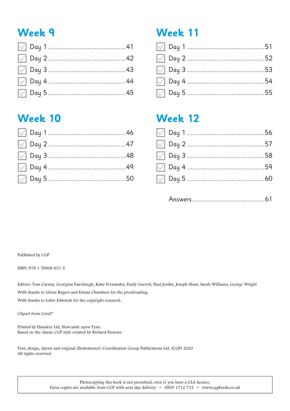 Contents page showing weekly structure with checkboxes for Days 1-5 across weeks 9-12 and answers section