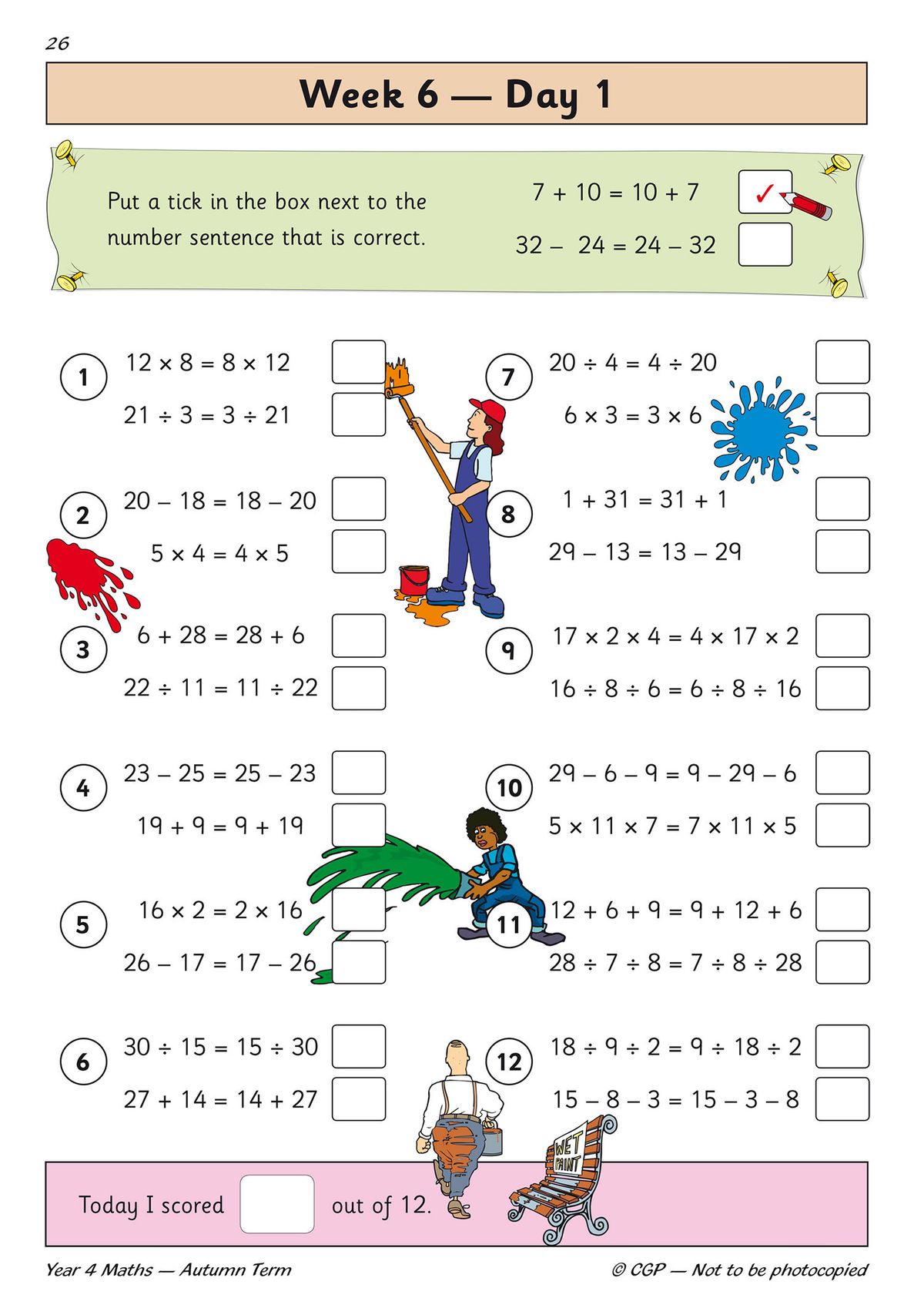 Another sample page with counting sequences, colourful illustrations, and numbered question sets