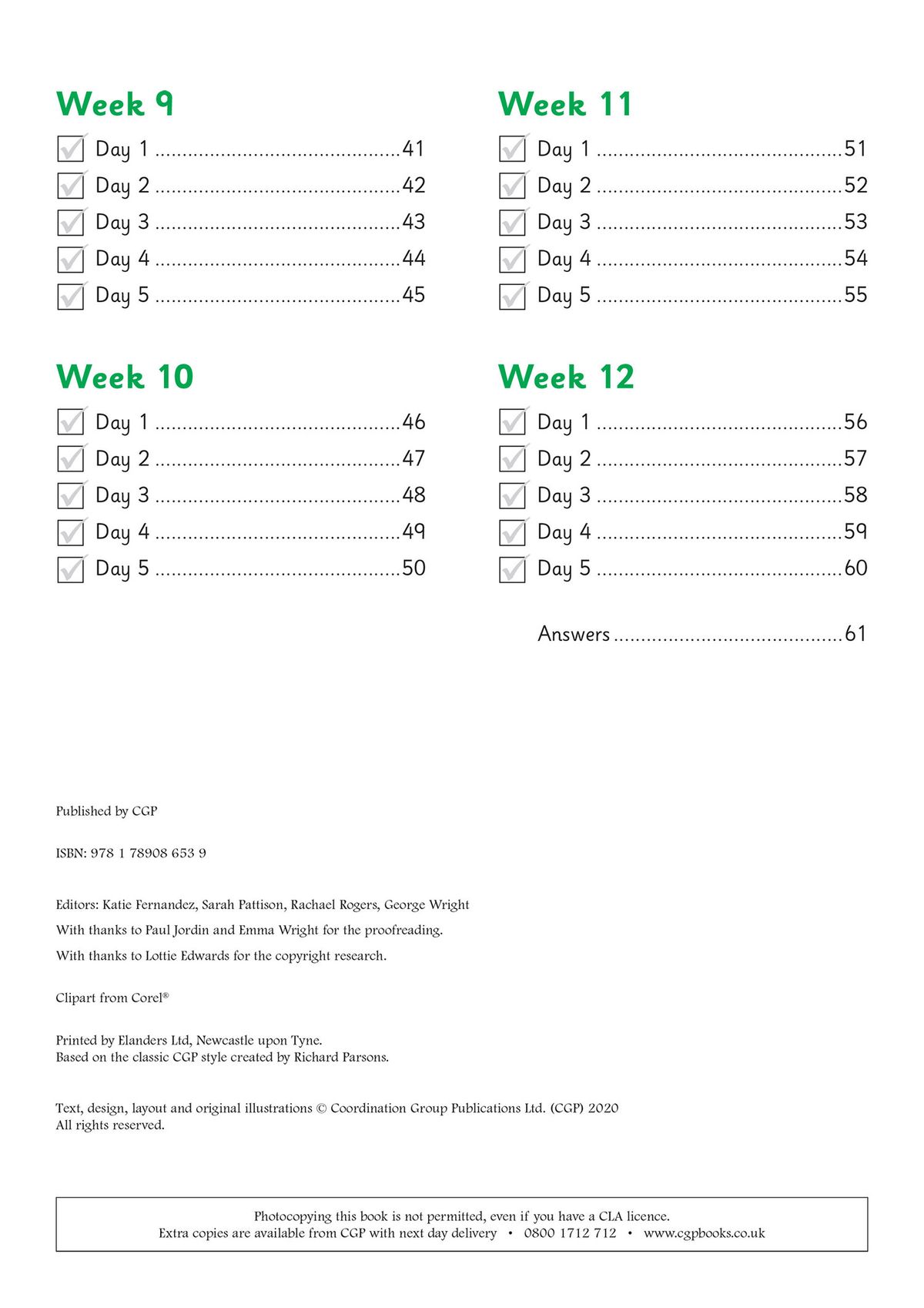 Contents page showing daily practice structure