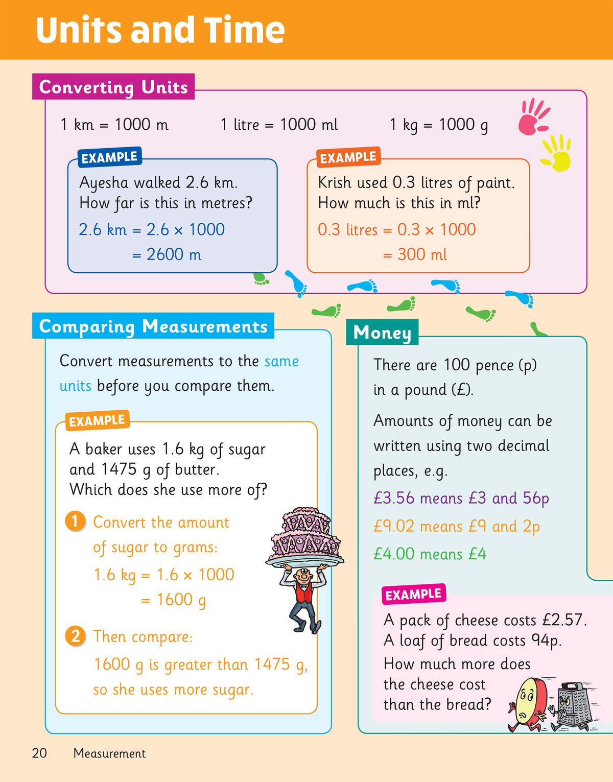 Worked examples showing unit conversions and money problems with colourful layouts