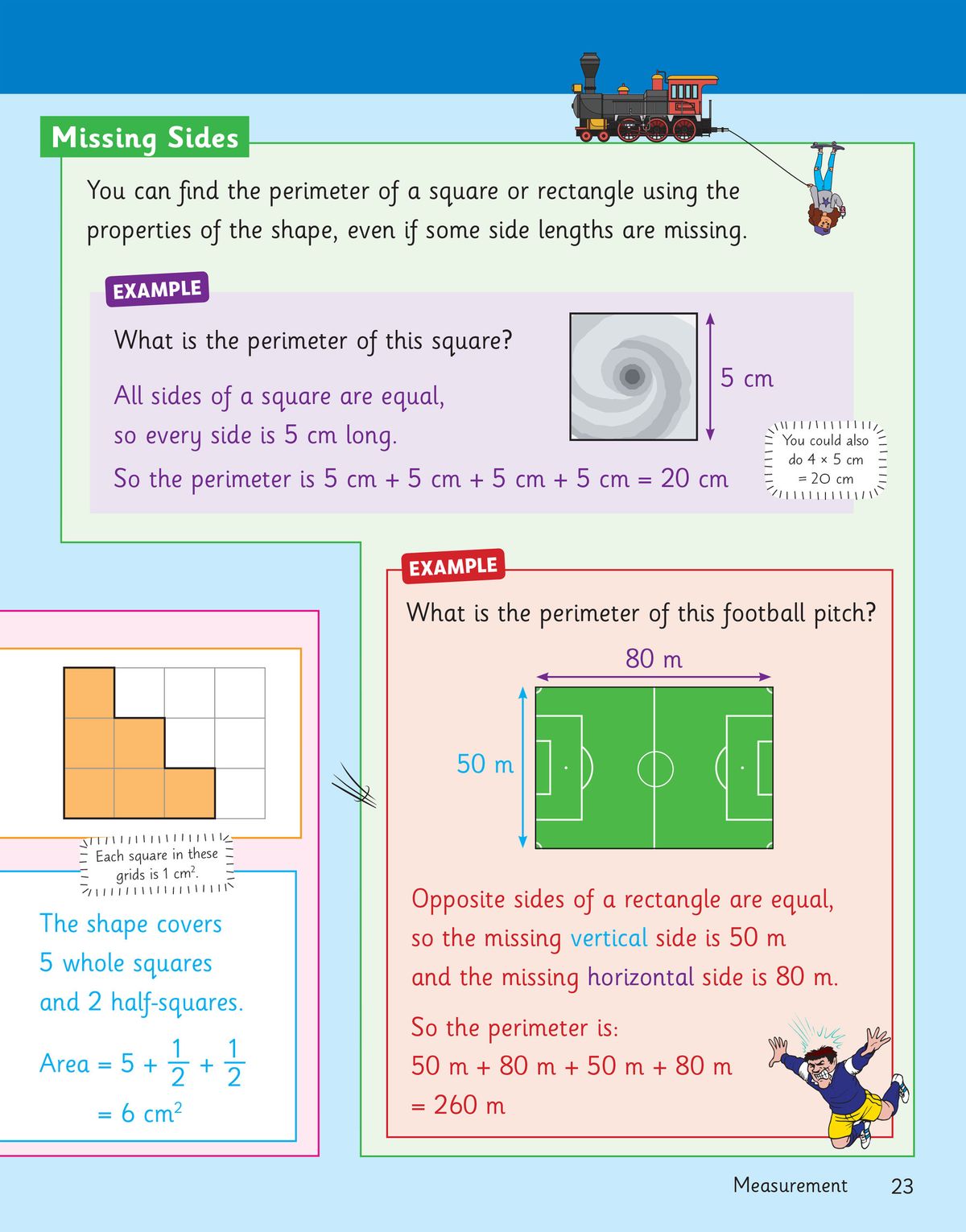 Page showing perimeter examples for squares and rectangles with illustrated problems