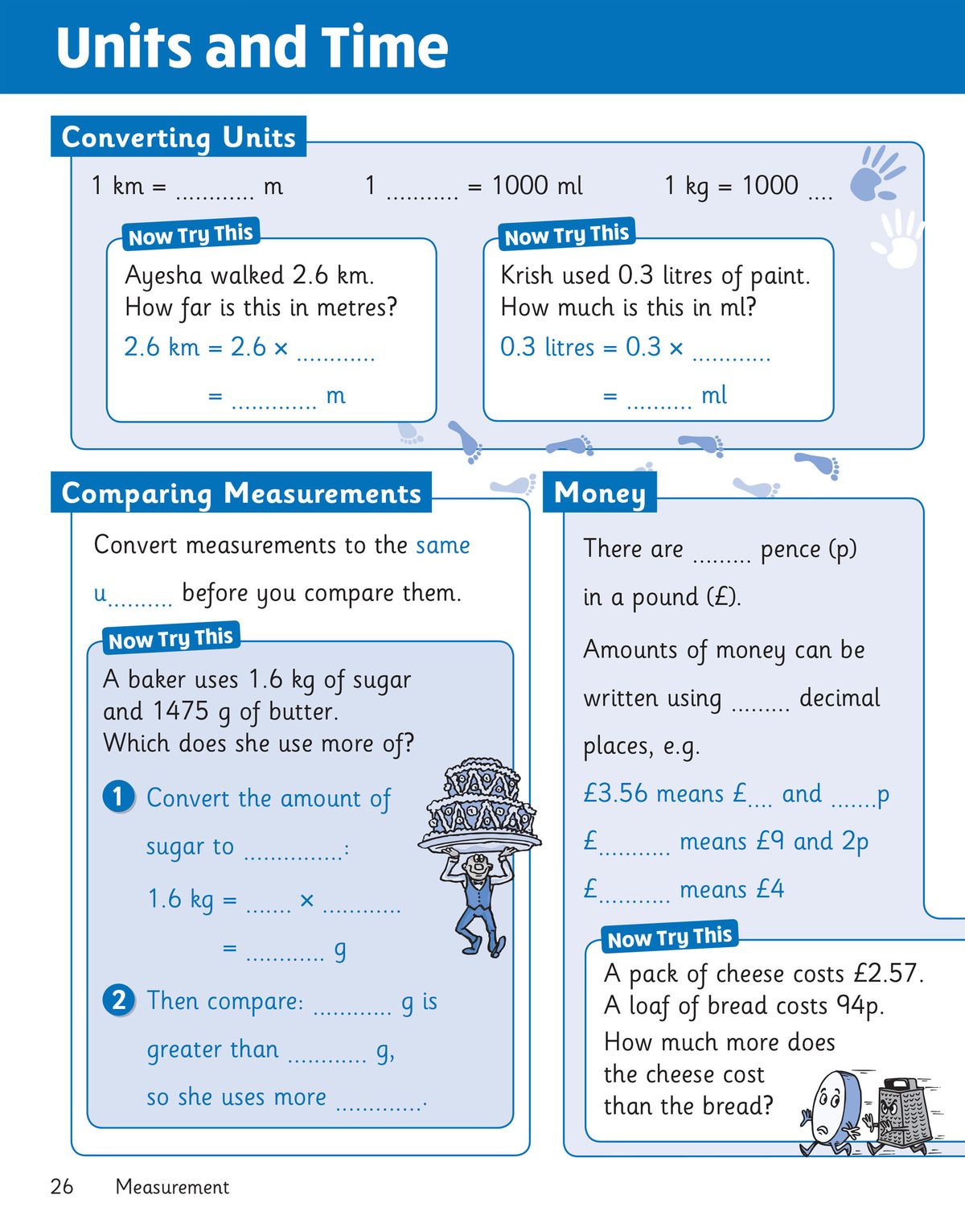 Inside page showing units and time exercises with fill-in-the-blank activities