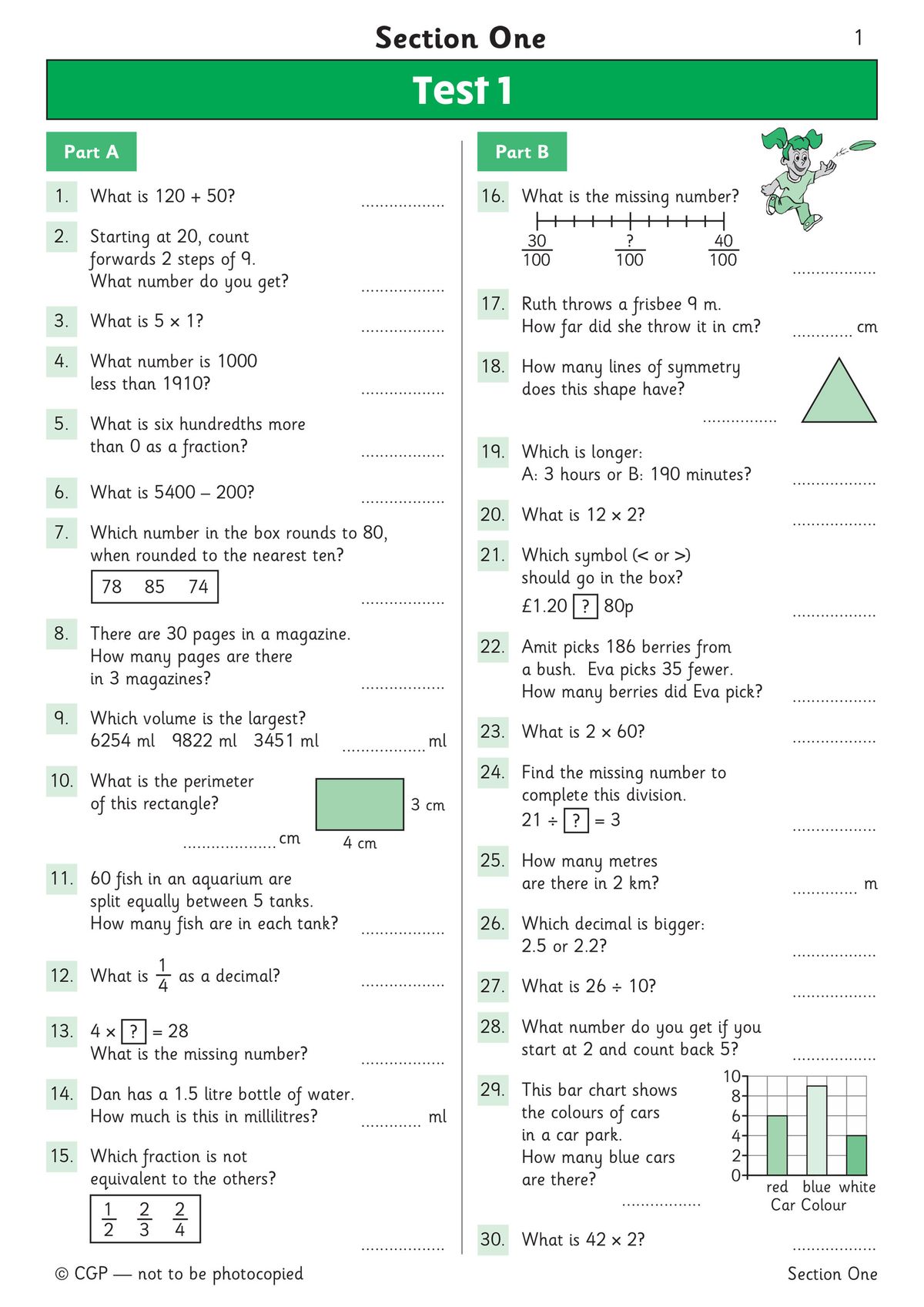 Sample page showing Test 2 with warm-up questions and progressively harder mental maths problems