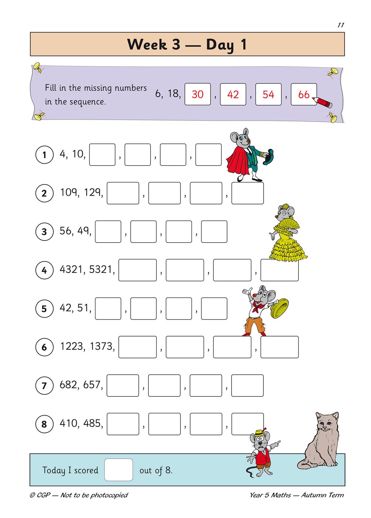 Sample daily practice page showing number sequence exercises with colourful character illustrations
