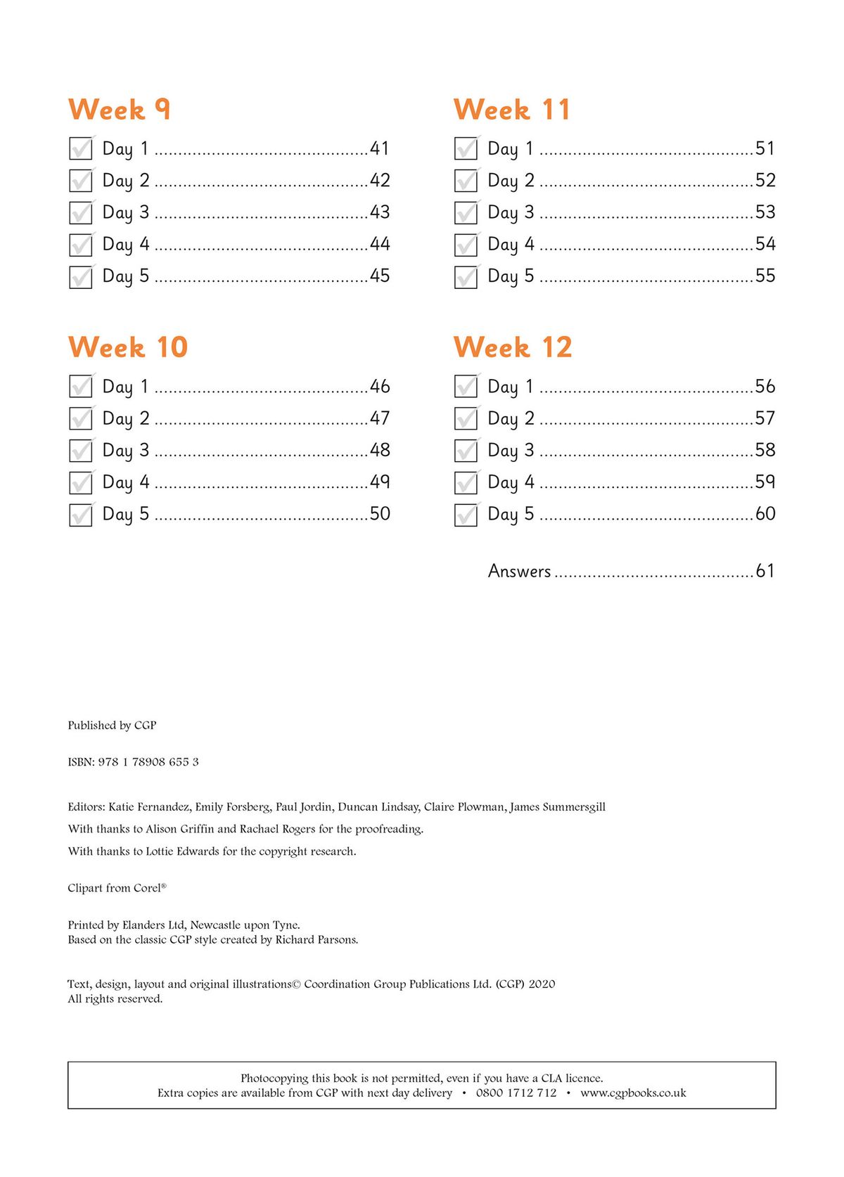 Contents page showing the structured daily schedule across twelve weeks of the autumn term