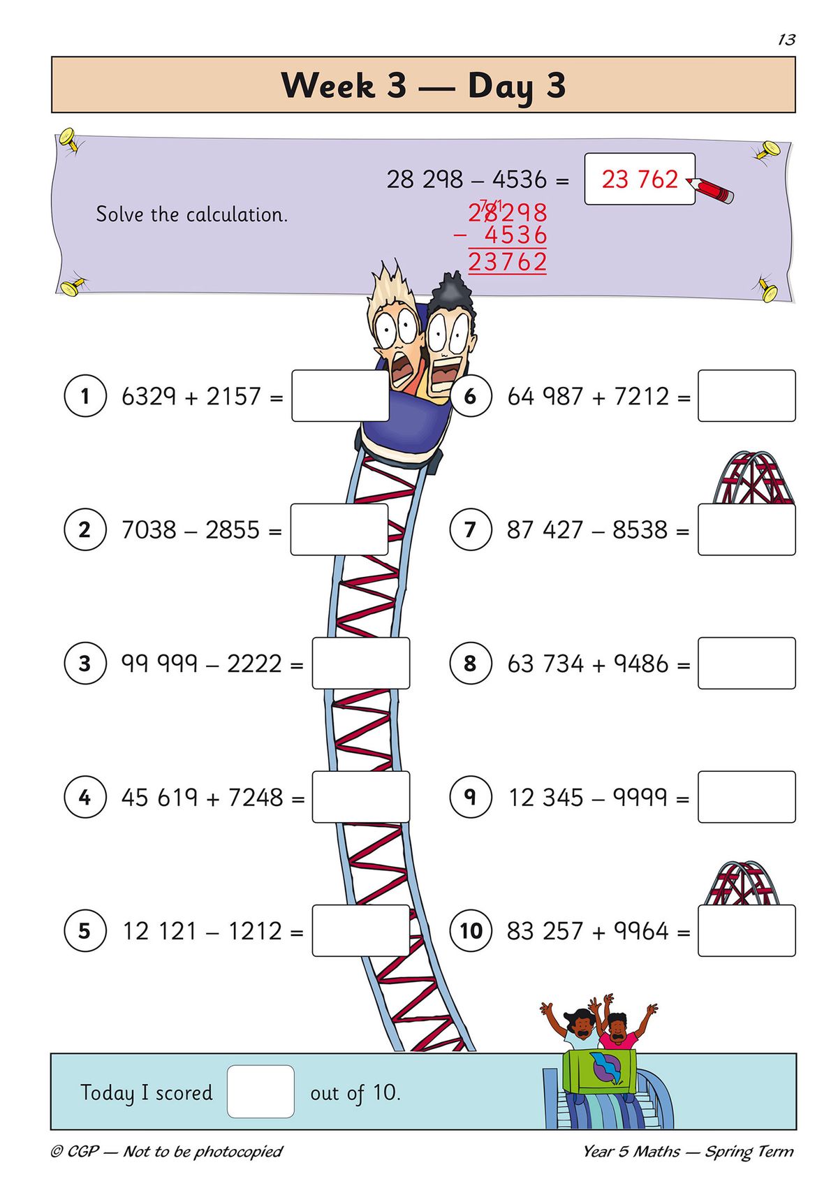 Practice page with addition and subtraction problems and colourful cartoon characters