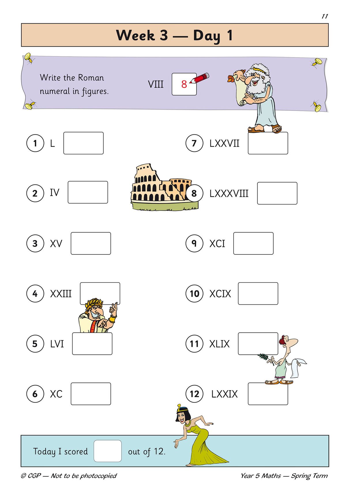 Sample page showing Roman numeral conversion exercises with colourful illustrations