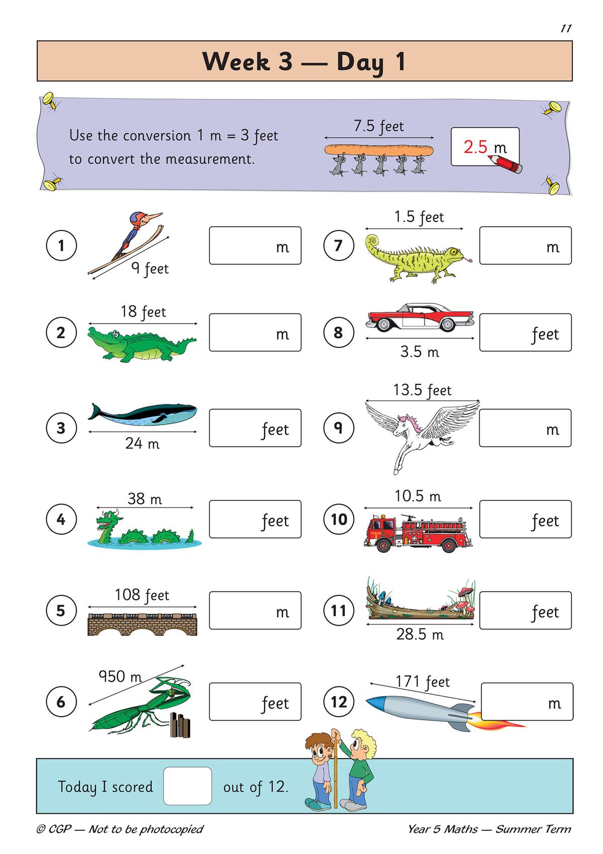 Sample practice page showing conversion questions with illustrations and scoring box