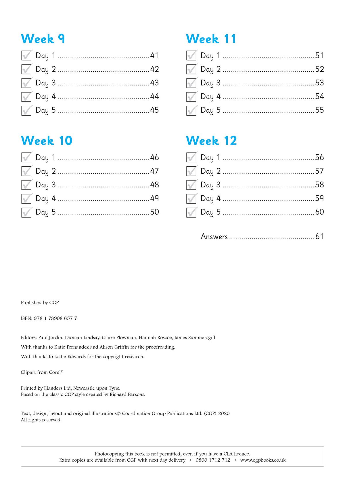 Contents page showing weekly structure and page numbers for Summer term