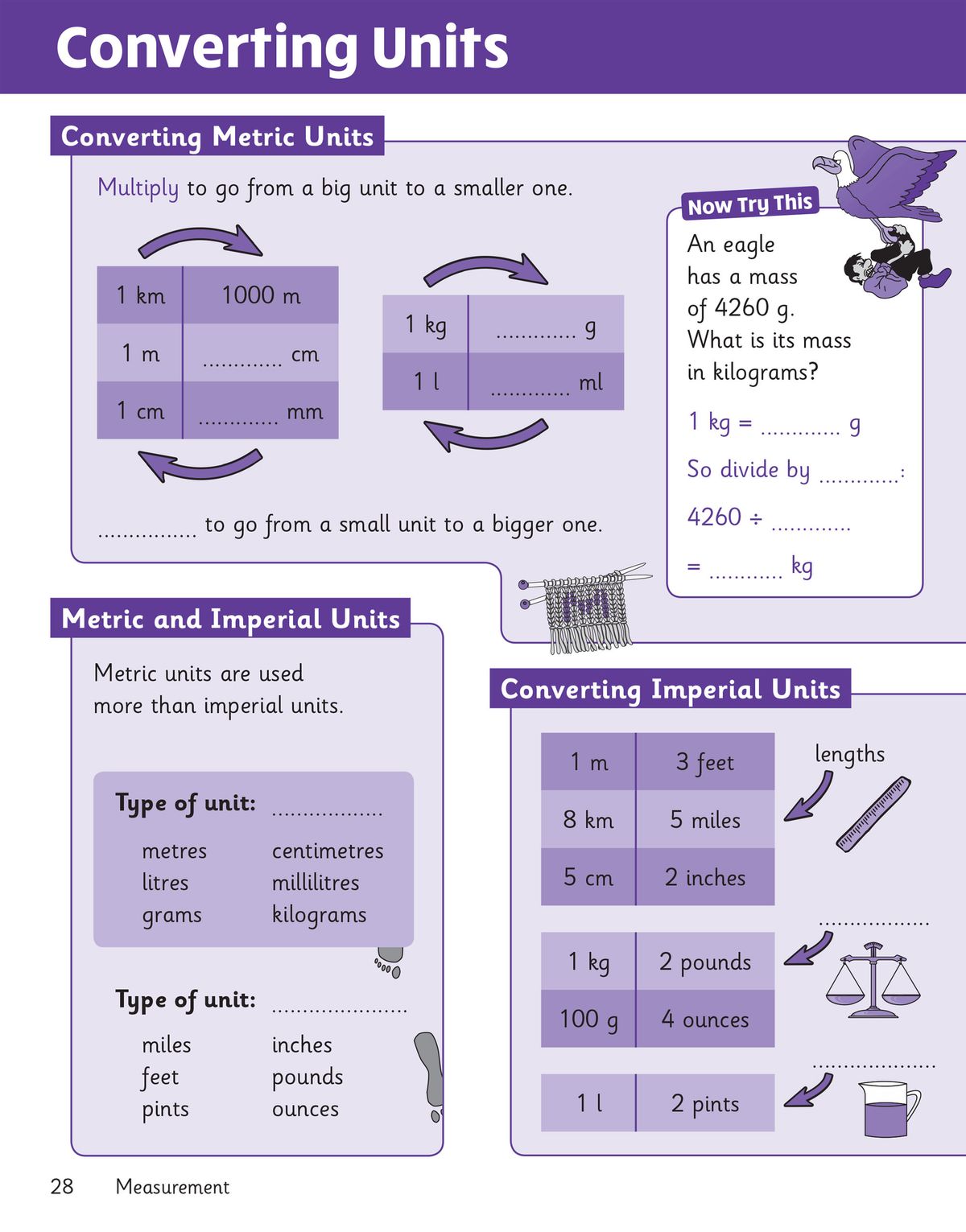 Converting units page with fill-in-the-blank exercises on metric and imperial measurements