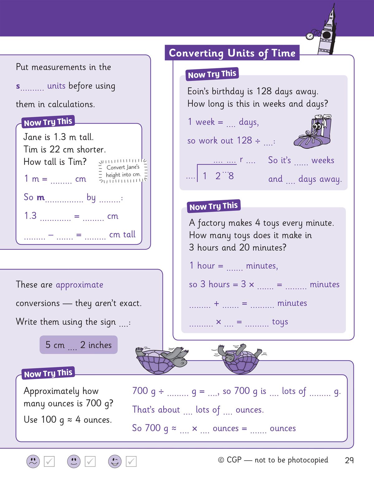 Converting units of time page with fill-in exercises on weeks, days, hours and minutes