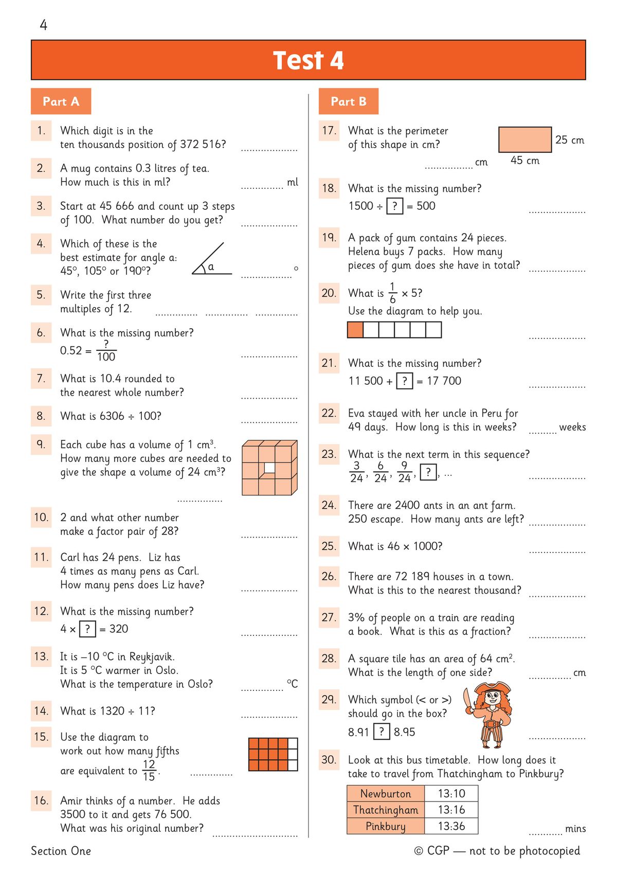 Sample page showing Test 2 with mental arithmetic questions including multiplication, rounding, and word problems