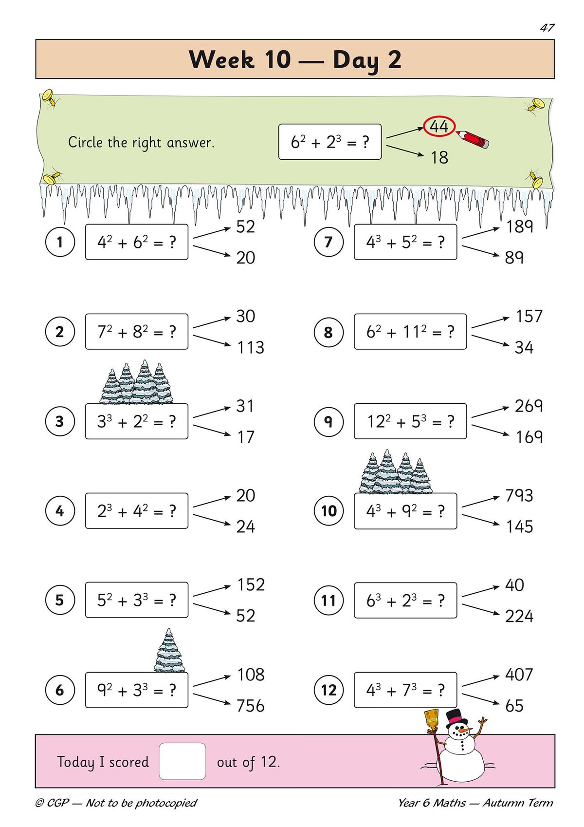 Sample page showing mental arithmetic problems with multiple choice answers and a daily score tracker