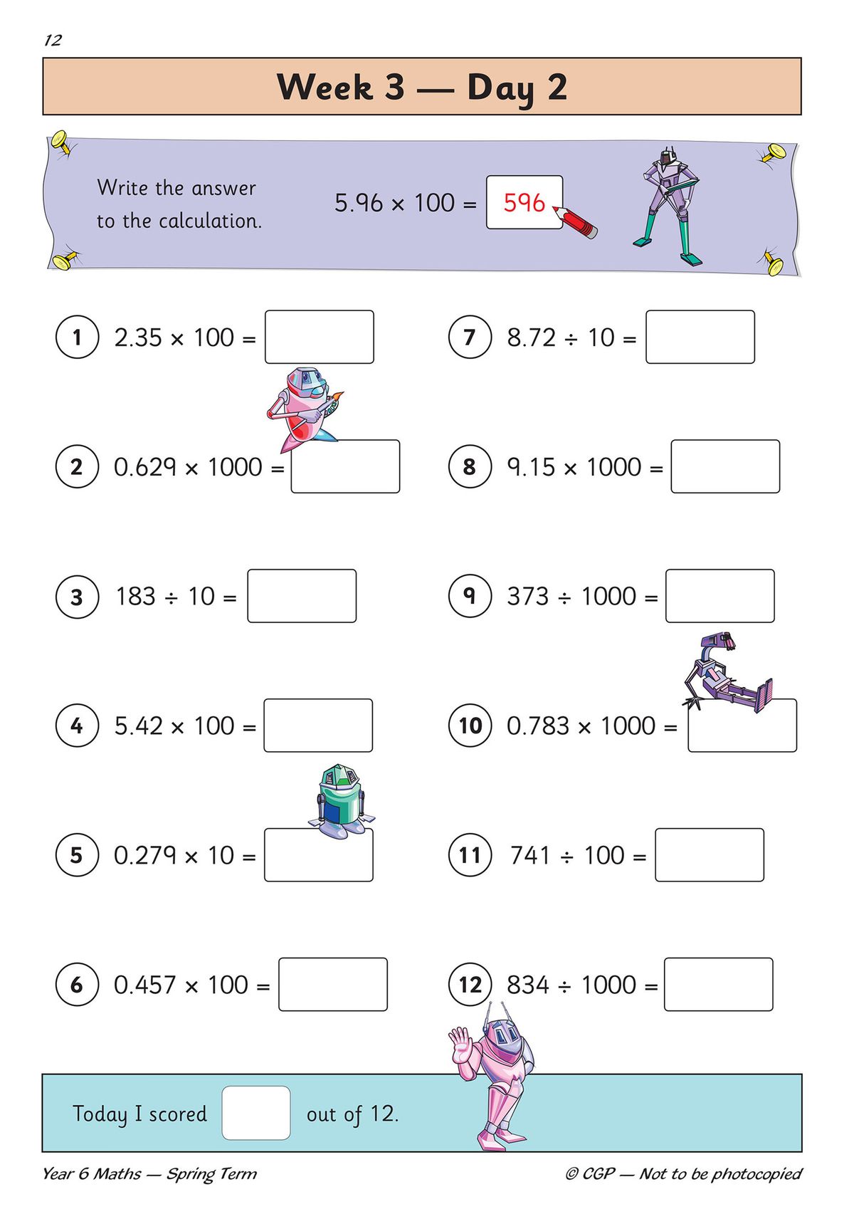 Daily maths practice page showing decimal multiplication and division exercises with score tracking
