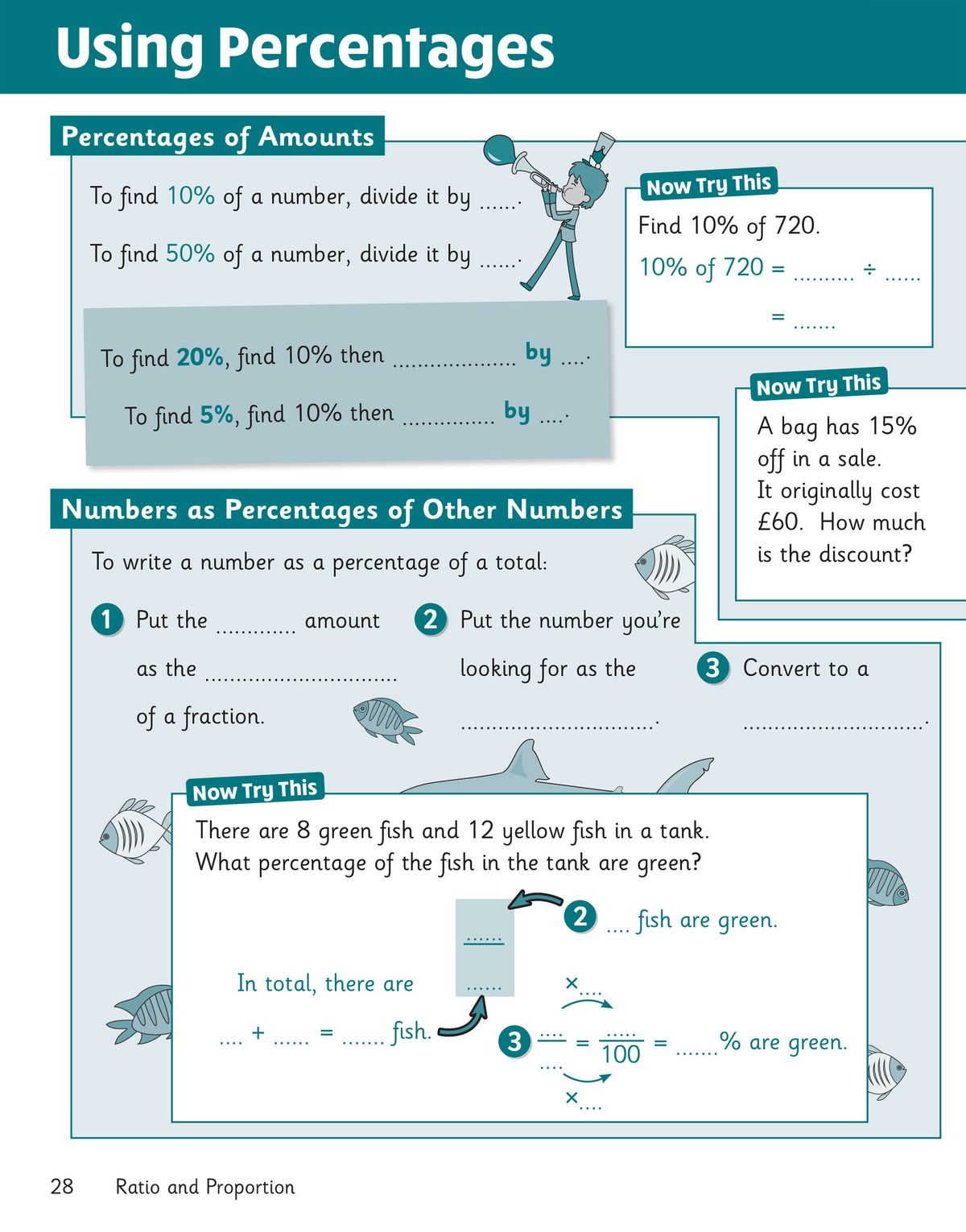 Fill-in-the-blank exercises covering percentages, ratios and scaling