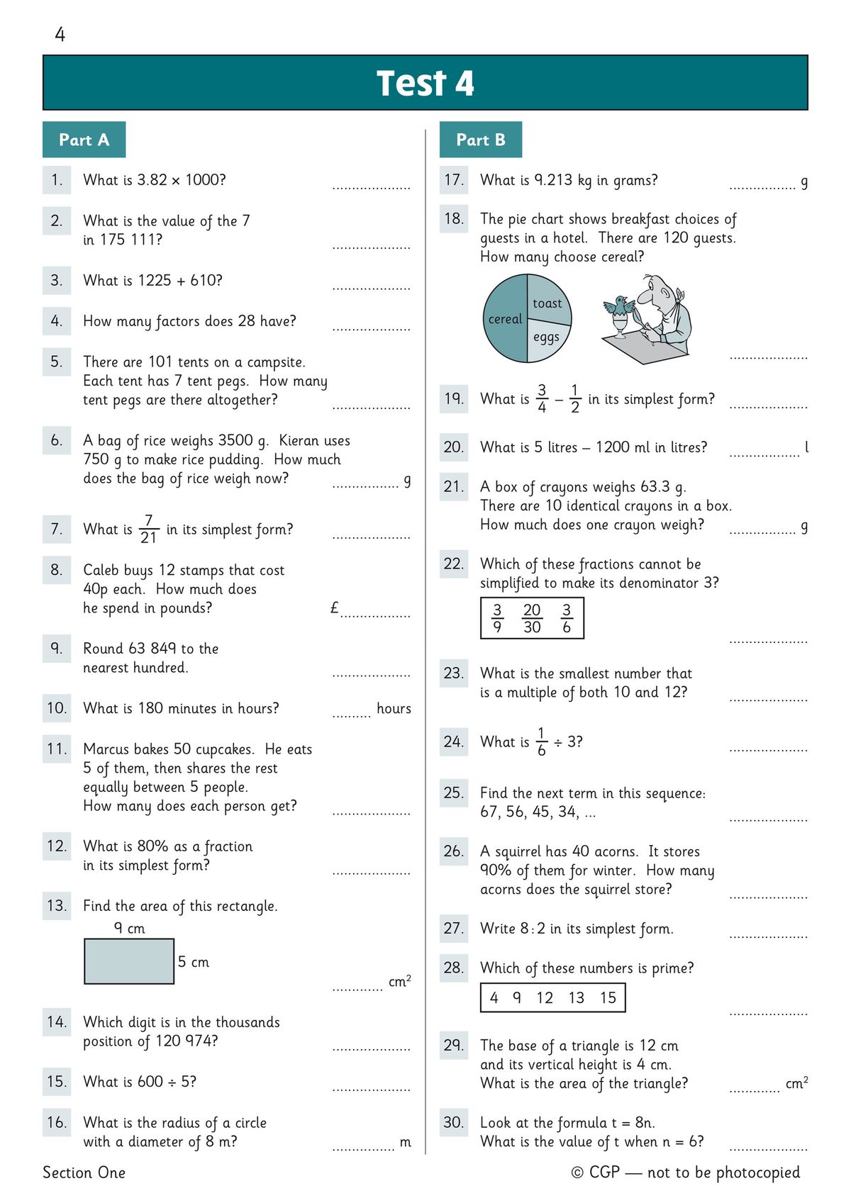 Sample page showing warm-up questions and mental arithmetic test layout