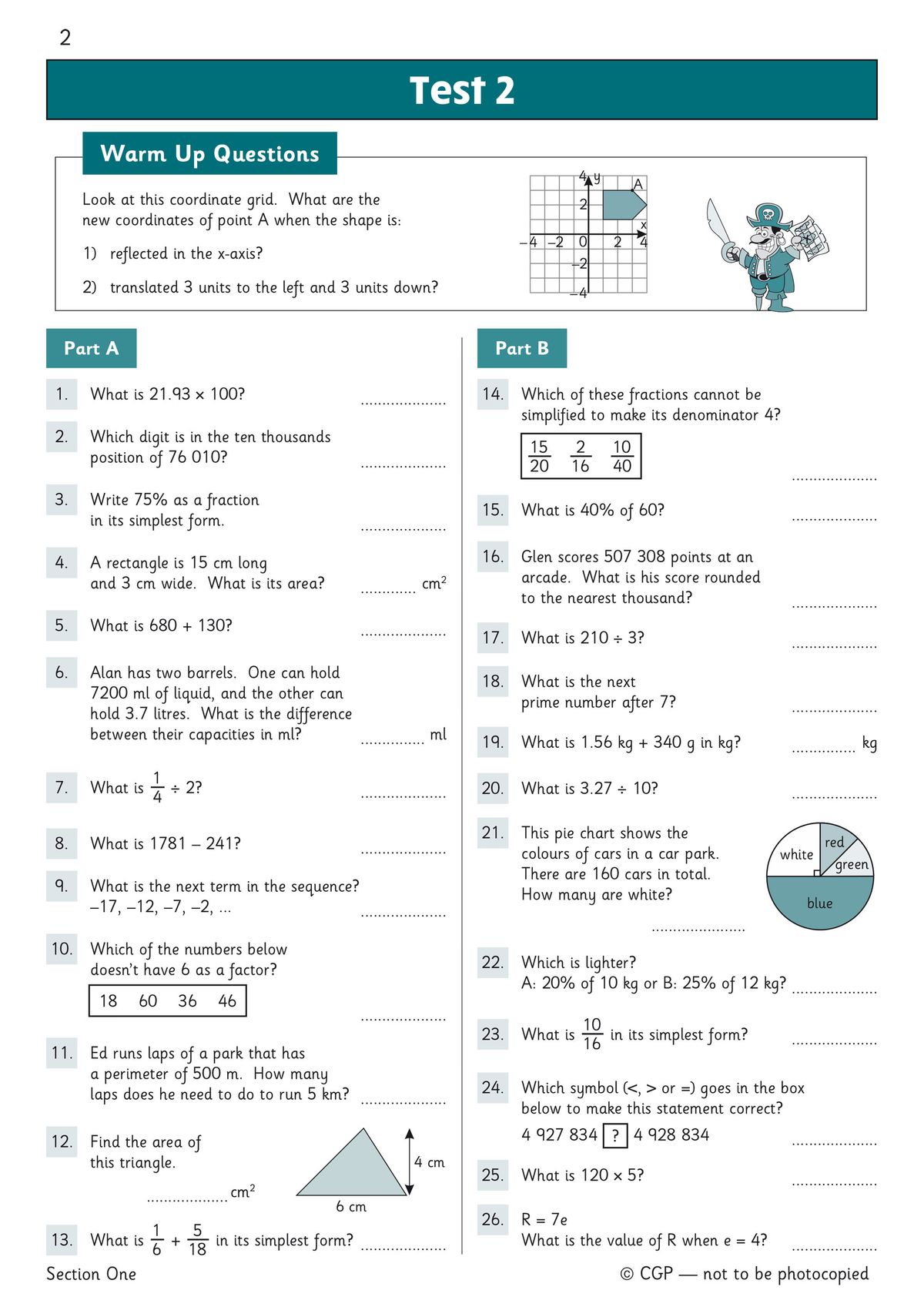 Sample mental arithmetic test with a range of question types including fractions, percentages and problem-solving
