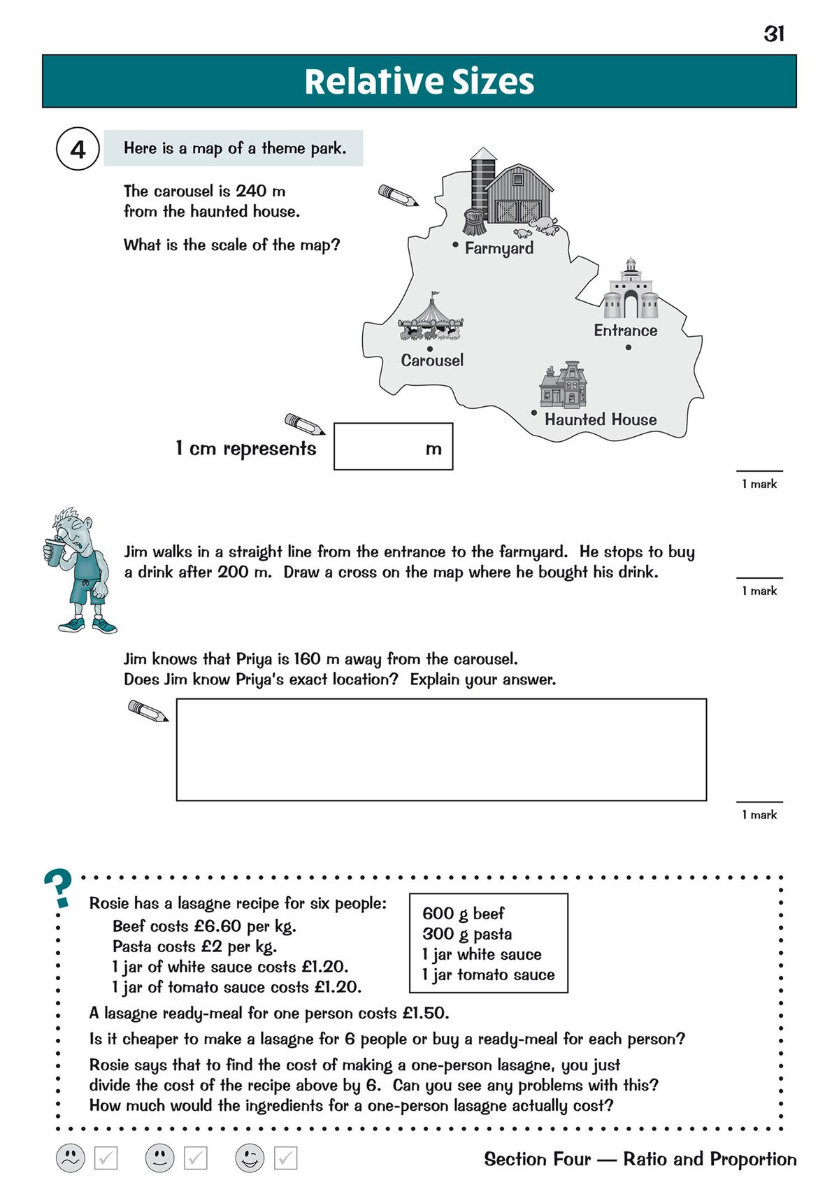 Sample page showing a ratio and proportion problem about calculating the cost of a lasagne recipe