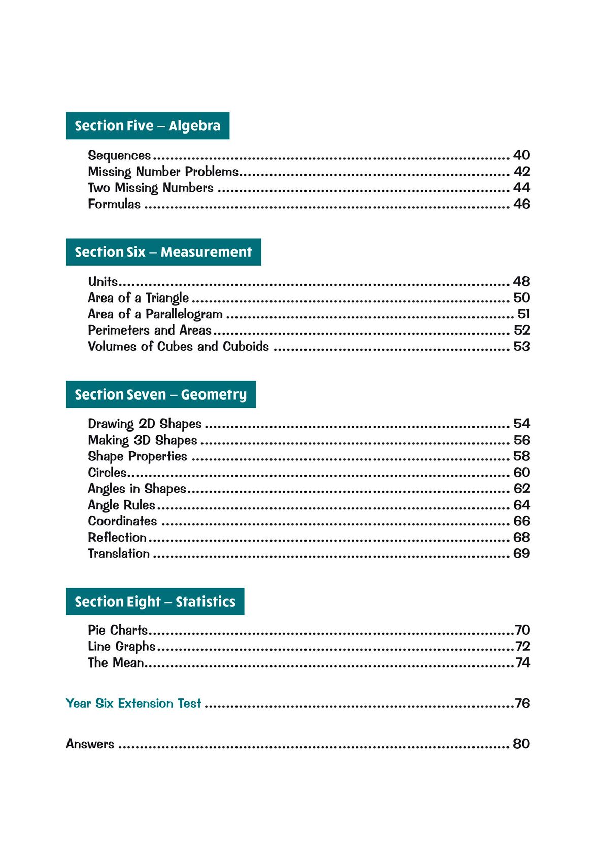 Contents page displaying sections on algebra, measurement, geometry, and statistics