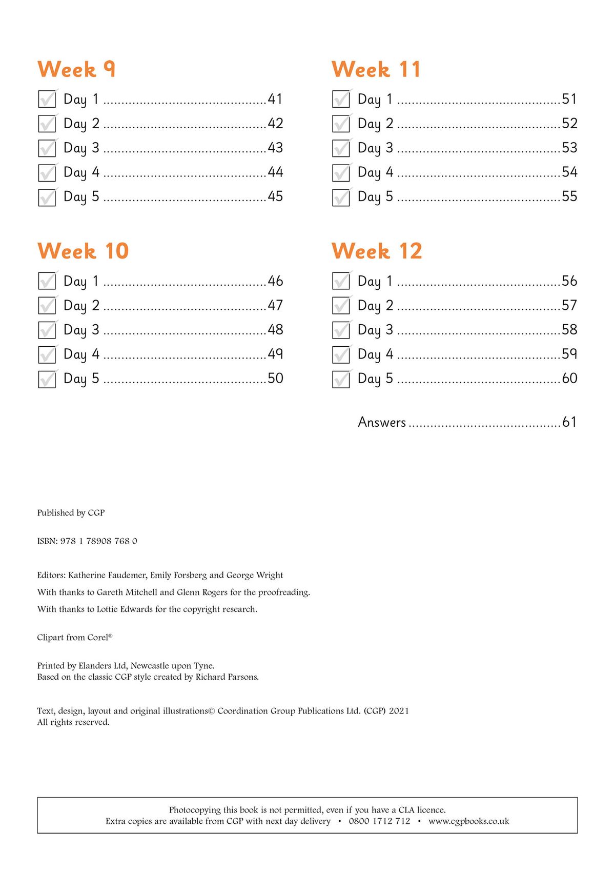 Contents page showing weekly structure with checkboxes for each daily practice session
