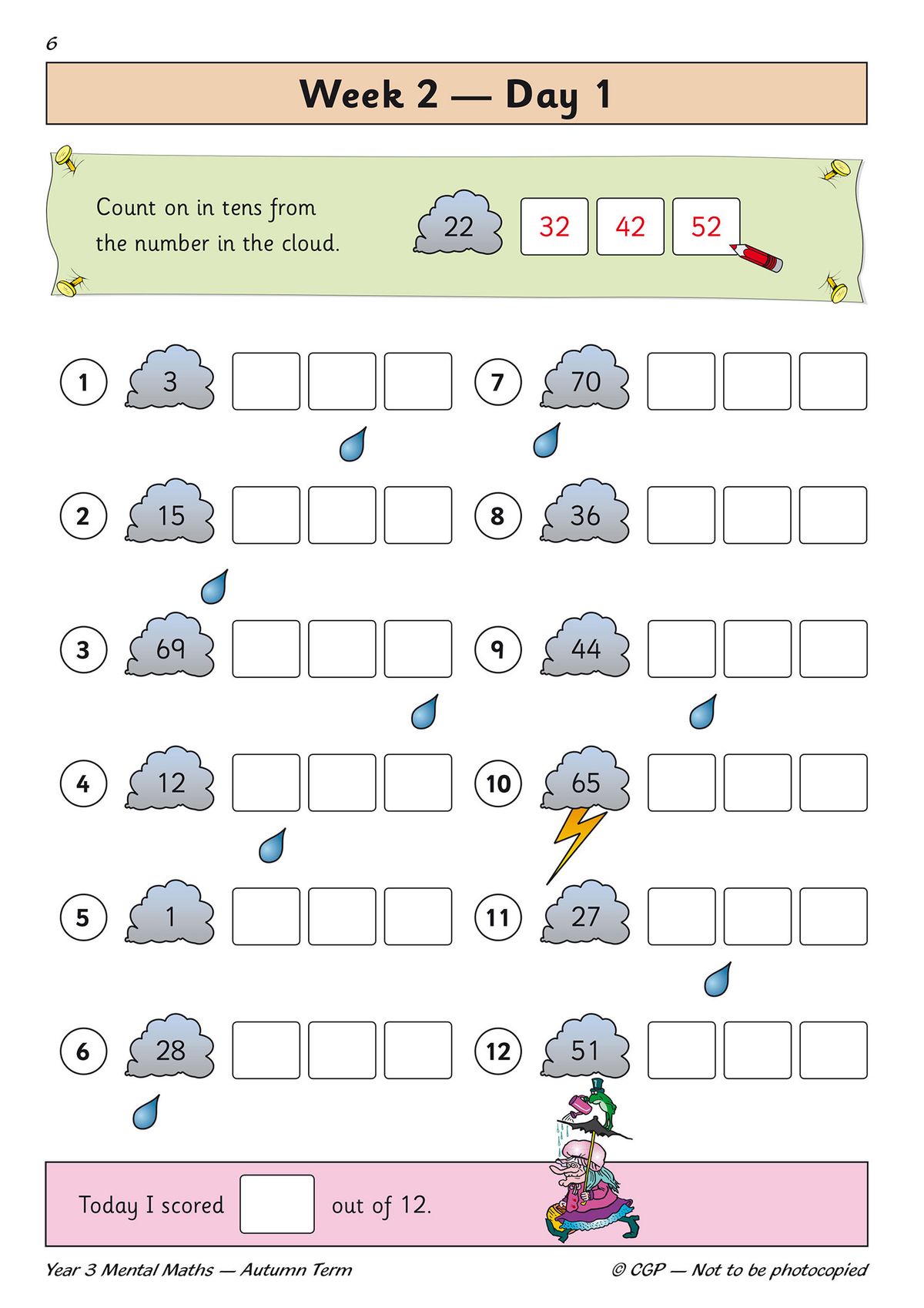 Sample daily practice page with colourful cloud illustrations and fill-in-the-blank maths questions