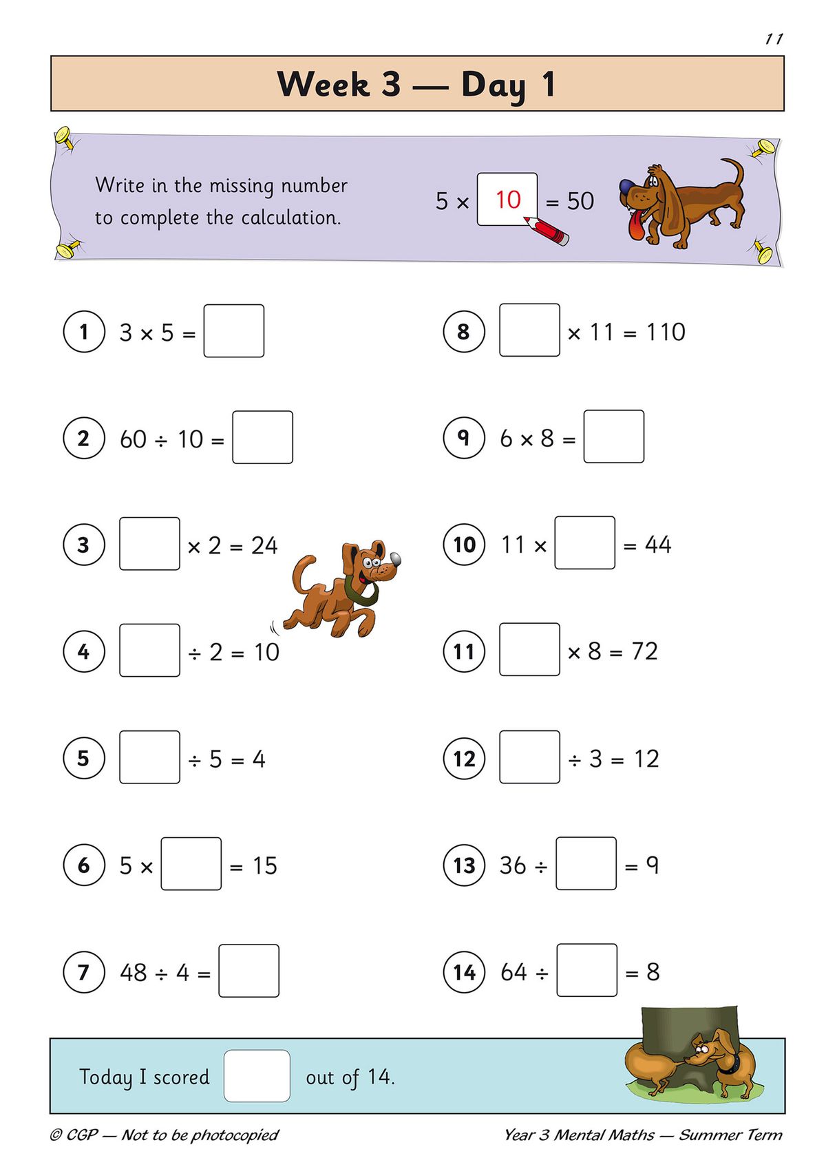 Week 3 Day 1 practice page showing multiplication and division questions with score box