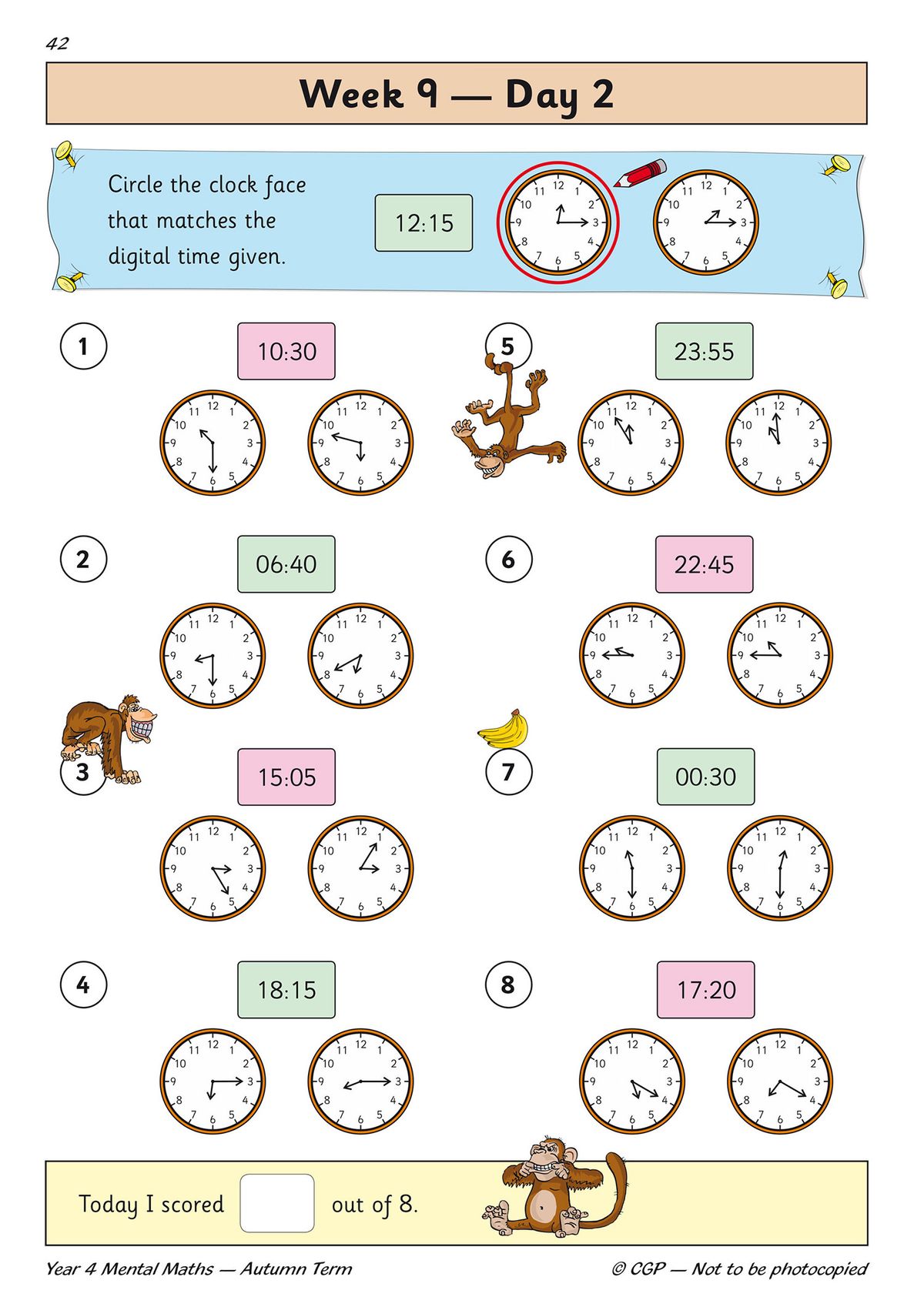 Sample page showing Week 9 Day 2 clock-matching exercises with colourful characters