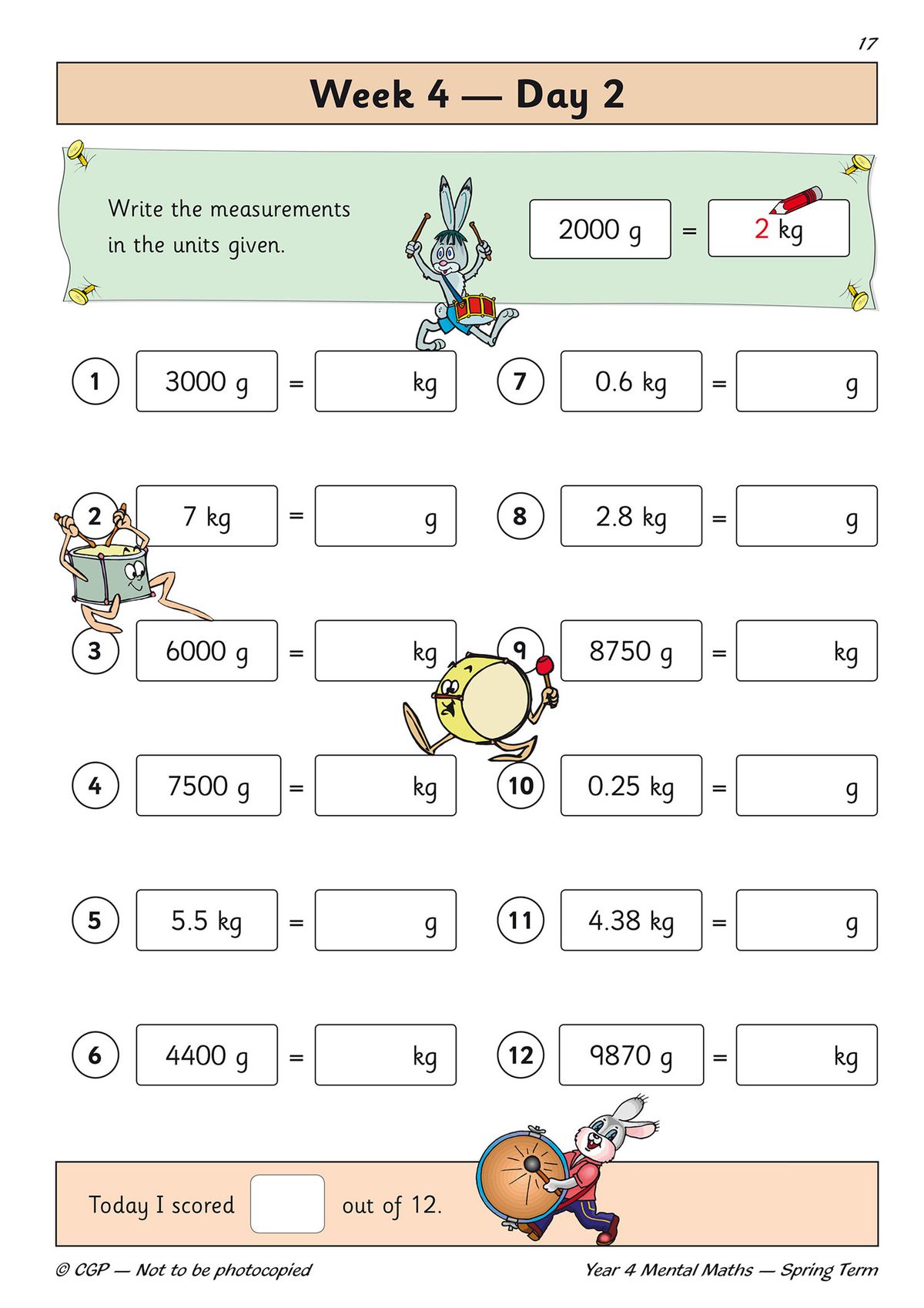Sample page showing Week 4 Day 1 mental maths exercises with colourful characters