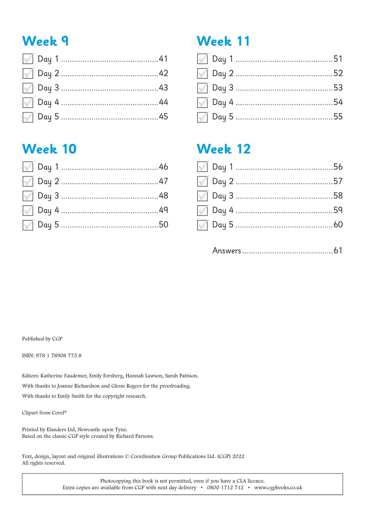 Contents page showing the summer term's weekly structure with tick-box checklists for each day
