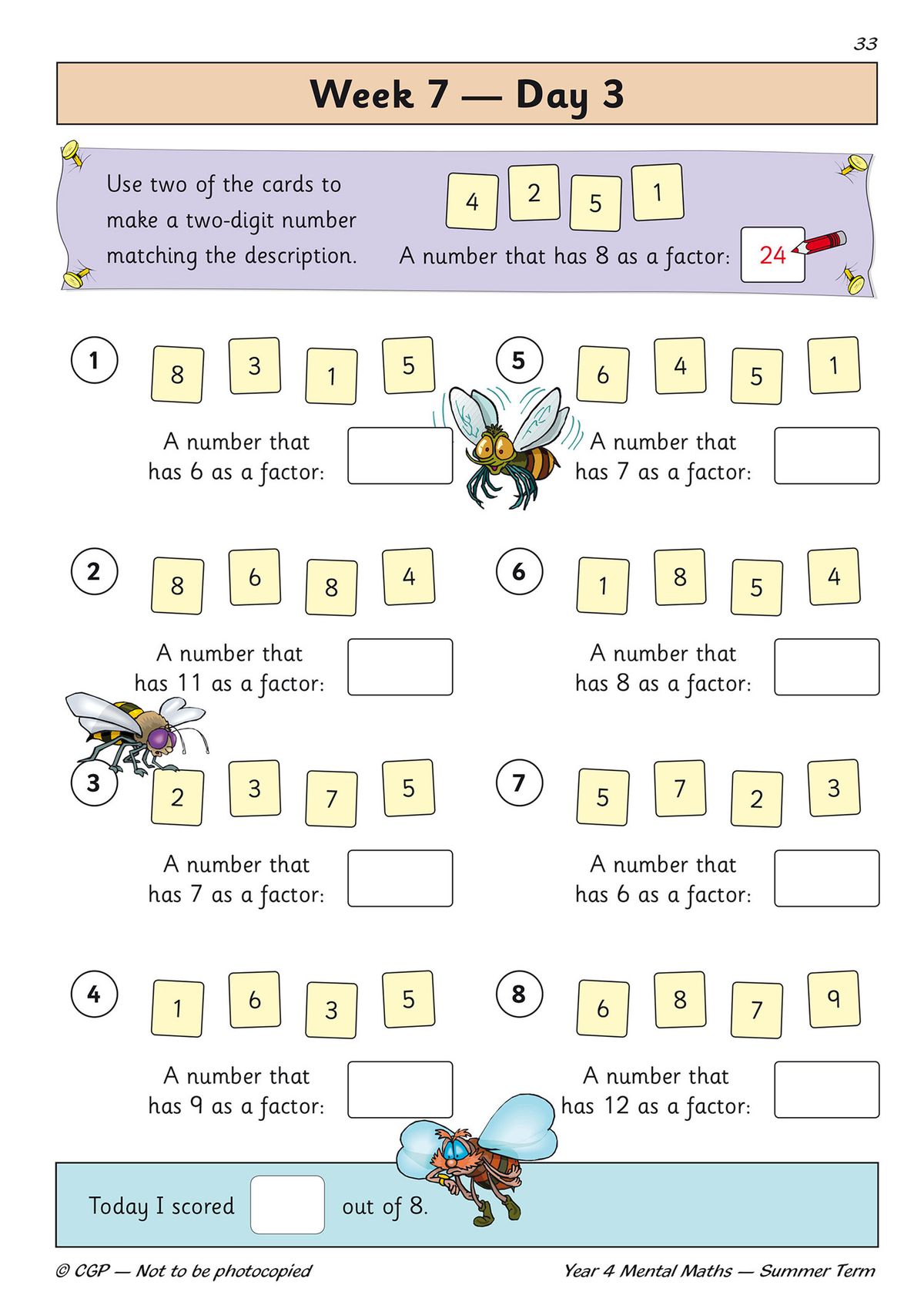 Sample page from the Year 4 summer term mental maths workbook showing colourful activities with number cards and factors