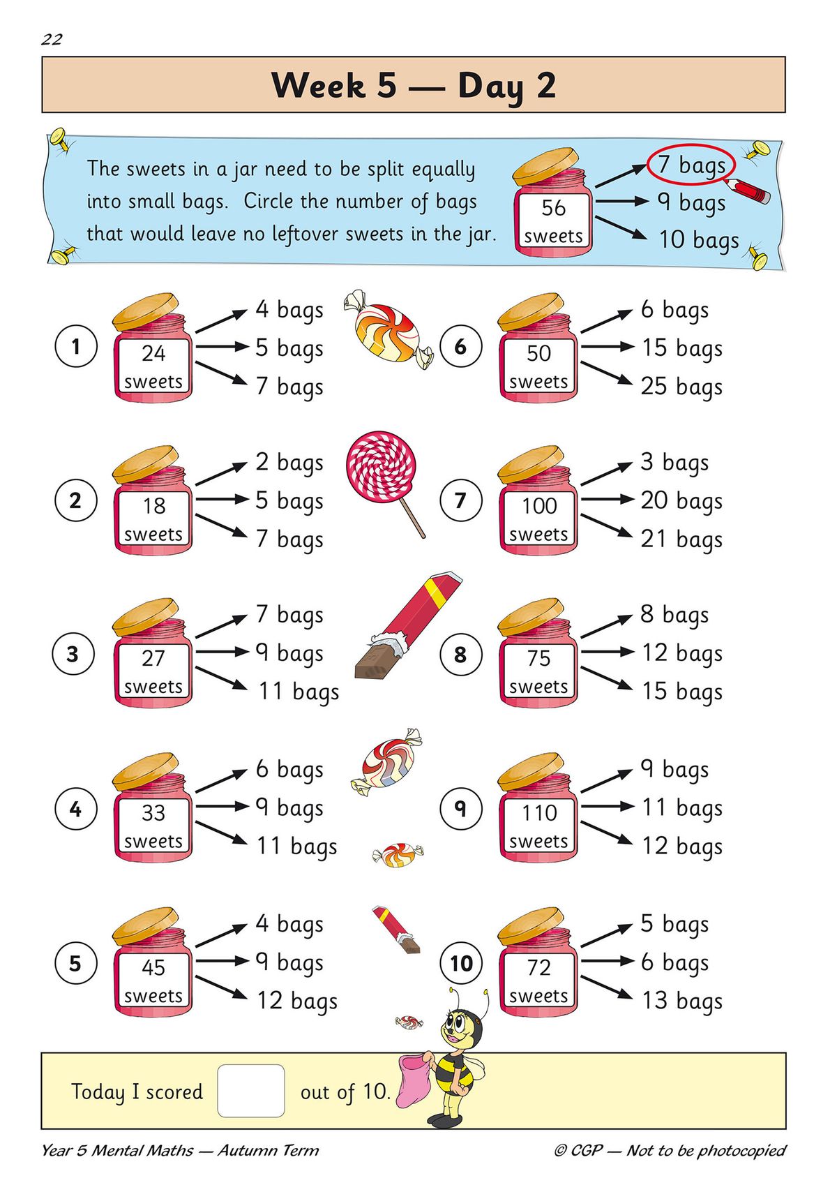 Sample page showing Week 5 Day 2 mental maths questions about dividing sweets into bags